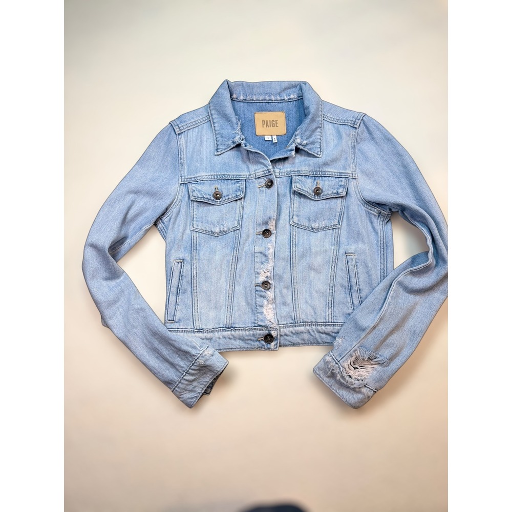 PAIGE Womens Distressed Denim Jacket Light Wash Frayed Cotton Rayon‎ Preppy Sz S